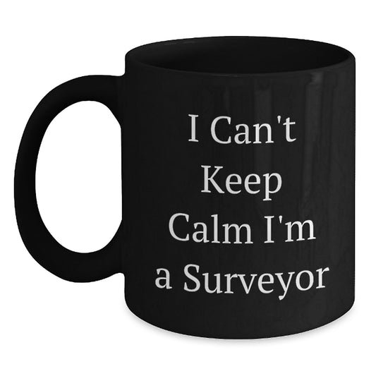 Funny Surveyor Gifts for Friends - I Can't Keep Calm I'm A Surveyor Black Coffee Mug, Perfect Christmas Unique Gifts from Men to Surveyors - Main