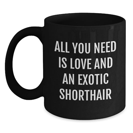 Funny Exotic Shorthair Cat Lovers Gifts from Friends to Family - Birthday Unique Gifts for Exotic Shorthair Cat Enthusiasts - All You Need Is Love And An Exotic Shorthair Black Coffee Mug - Main
