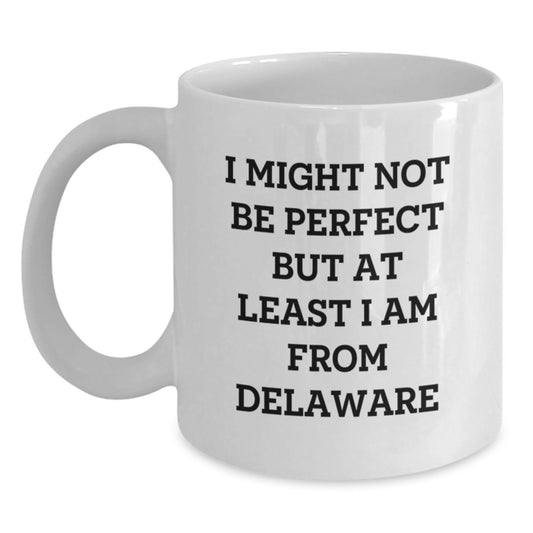 Delaware Gifts for Friends and Family - Funny White Coffee Mug, 'I Might Not Be Perfect But At Least I Am From Delaware' Quote, Gifts from Loved Ones, Unique Graduation Gifts for Him or Her - Main