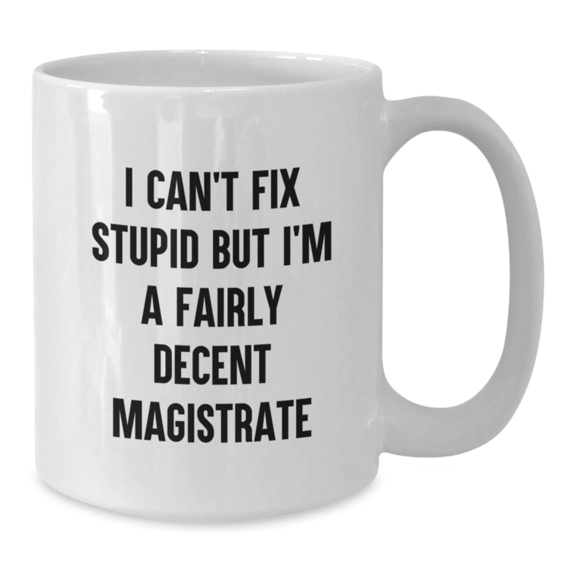 Magistrate Humor Gifts for Men - Funny White Coffee Mug from Friends, 'I Can't Fix Stupid But I'm A Fairly Decent Magistrate', Birthday Unique Gifts - Additional