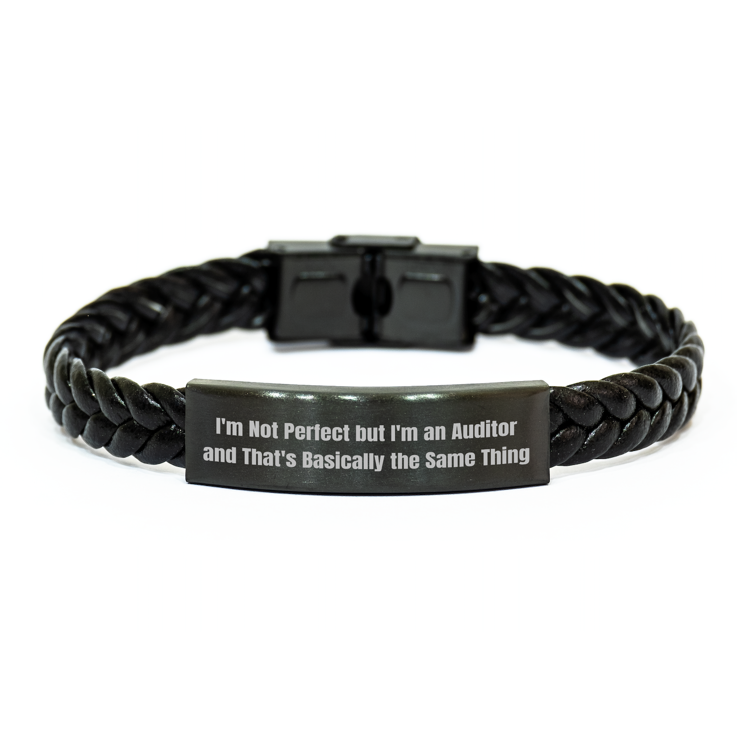 Auditor Humor Gifts, 'I'm Not Perfect But I'm An Auditor And That's Basically The Same Thing' Interlaced Leather Bracelet, Gifts from Men to Auditor for Graduation - Image 1