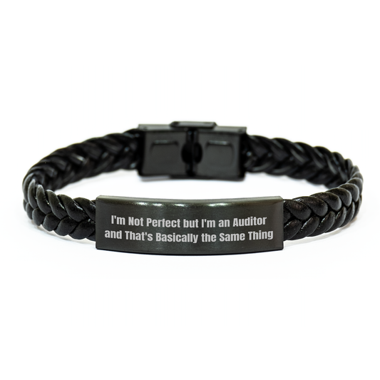 Auditor Humor Gifts, 'I'm Not Perfect But I'm An Auditor And That's Basically The Same Thing' Interlaced Leather Bracelet, Gifts from Men to Auditor for Graduation - Image 1