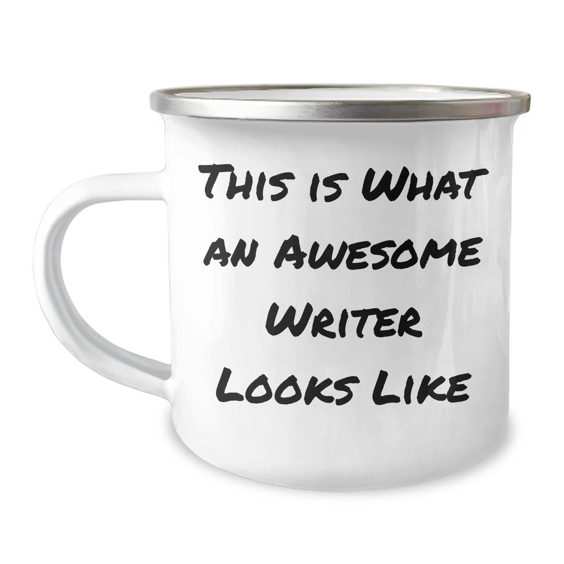Writer's Inspirational Gifts from Friends for Graduation, 'This Is What An Awesome Writer Looks Like' Quote on Camping Mug, 12 oz Stainless Steel with Enamel Finish - Image 1