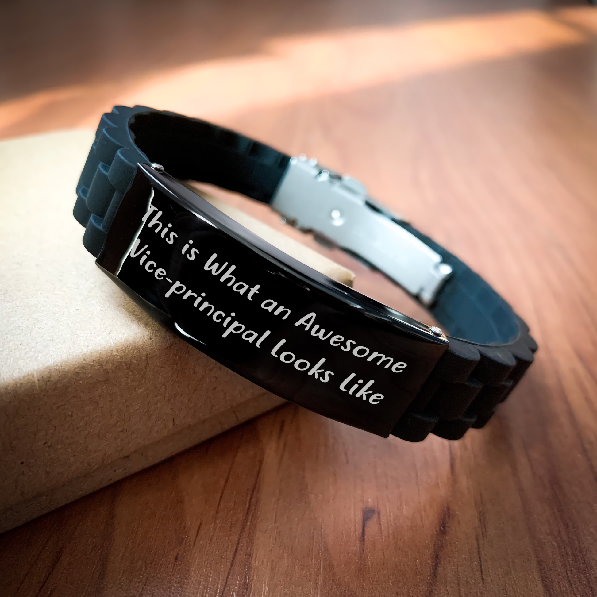 Vice-principal Inspirational Gifts from Men to Vice-principal, Funny Quote Glide lock Clasp Black Stainless Steel Adjustable Graduation Unique Gifts, Silicone and Silver Accents - Image 2