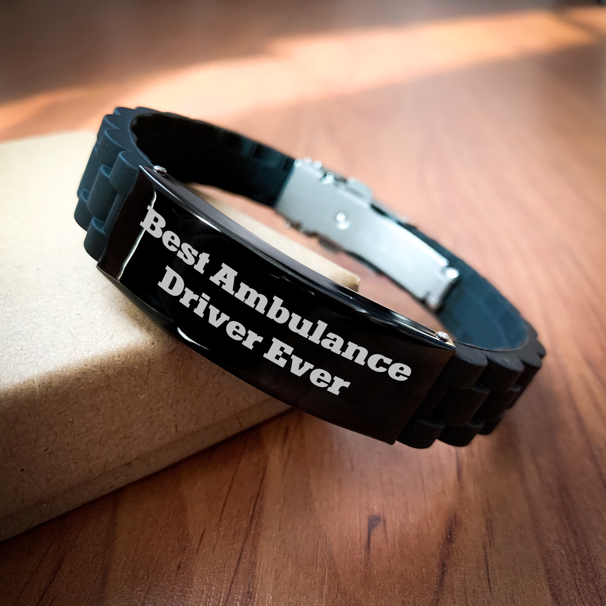 Ambulance Driver Gifts from Friends - Best Ambulance Driver Ever Glide lock Clasp Bracelet for Men, Graduation Unique Gifts, Adjustable Silicone Black Stainless Steel - Image 2