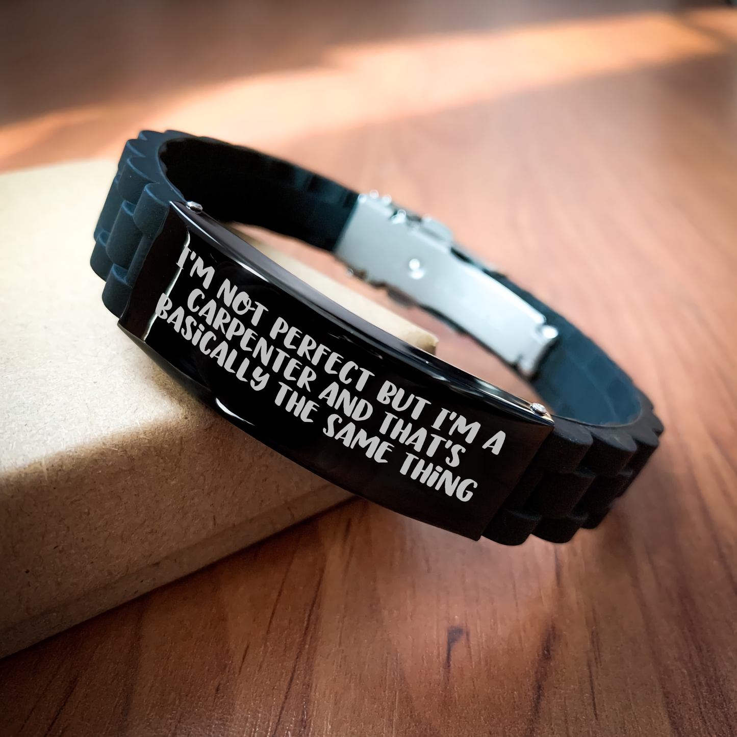 Carpenter Humor Gifts - 'I'm Not Perfect But I'm A Carpenter And That's Basically The Same Thing' Glide lock Clasp Bracelet for Men, Friends, Coworkers, Family from Graduation Unique Gifts - Image 2
