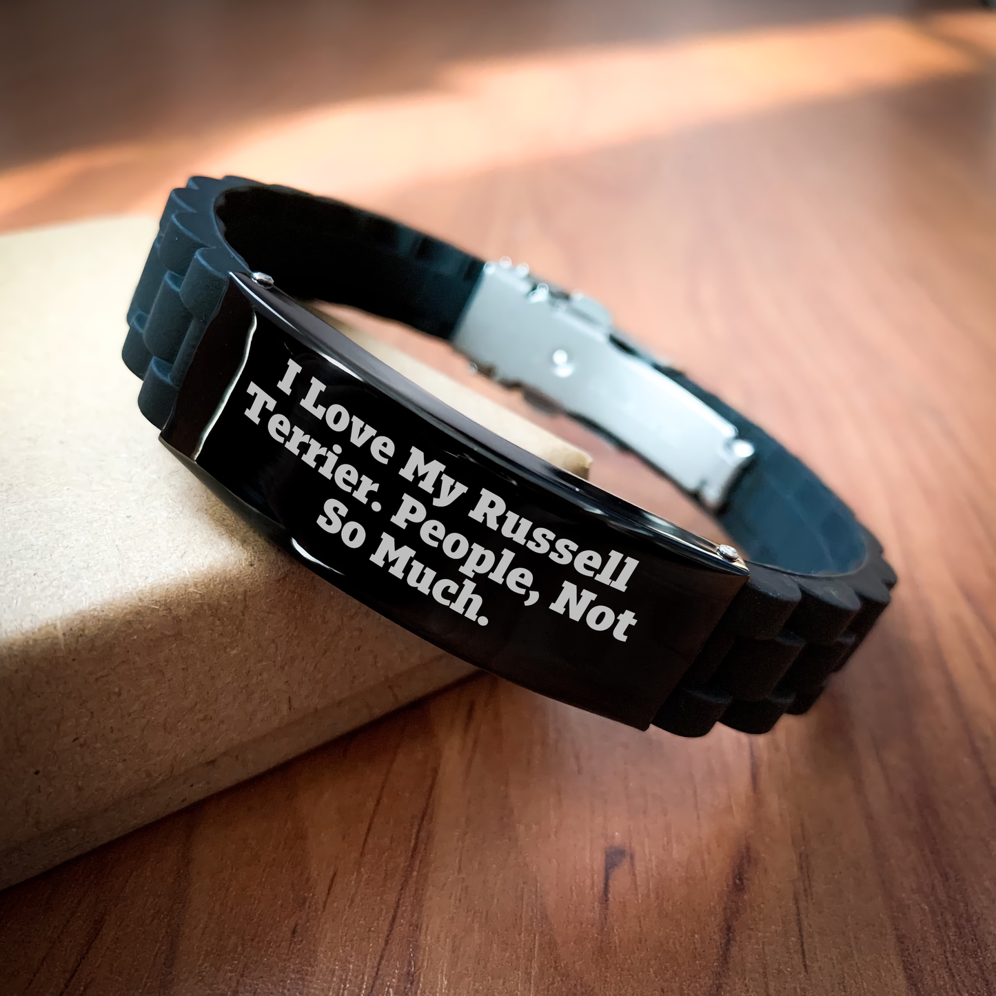 Russell Terrier Dog Lover's Funny Gift, 'I Love My Russell Terrier. People, Not So Much.' Glide lock Clasp Black Stainless Steel Adjustable Bracelet, Gifts from Family to Friends for Graduation - Image 2