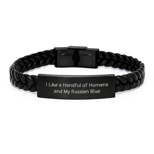 Russian Blue Cat Interlaced Leather Bracelet, Funny Quote I Like A Handful Of Humans And My Russian Blue, Christmas Unique Gifts for Men, Women, Family, Friends - Image 1