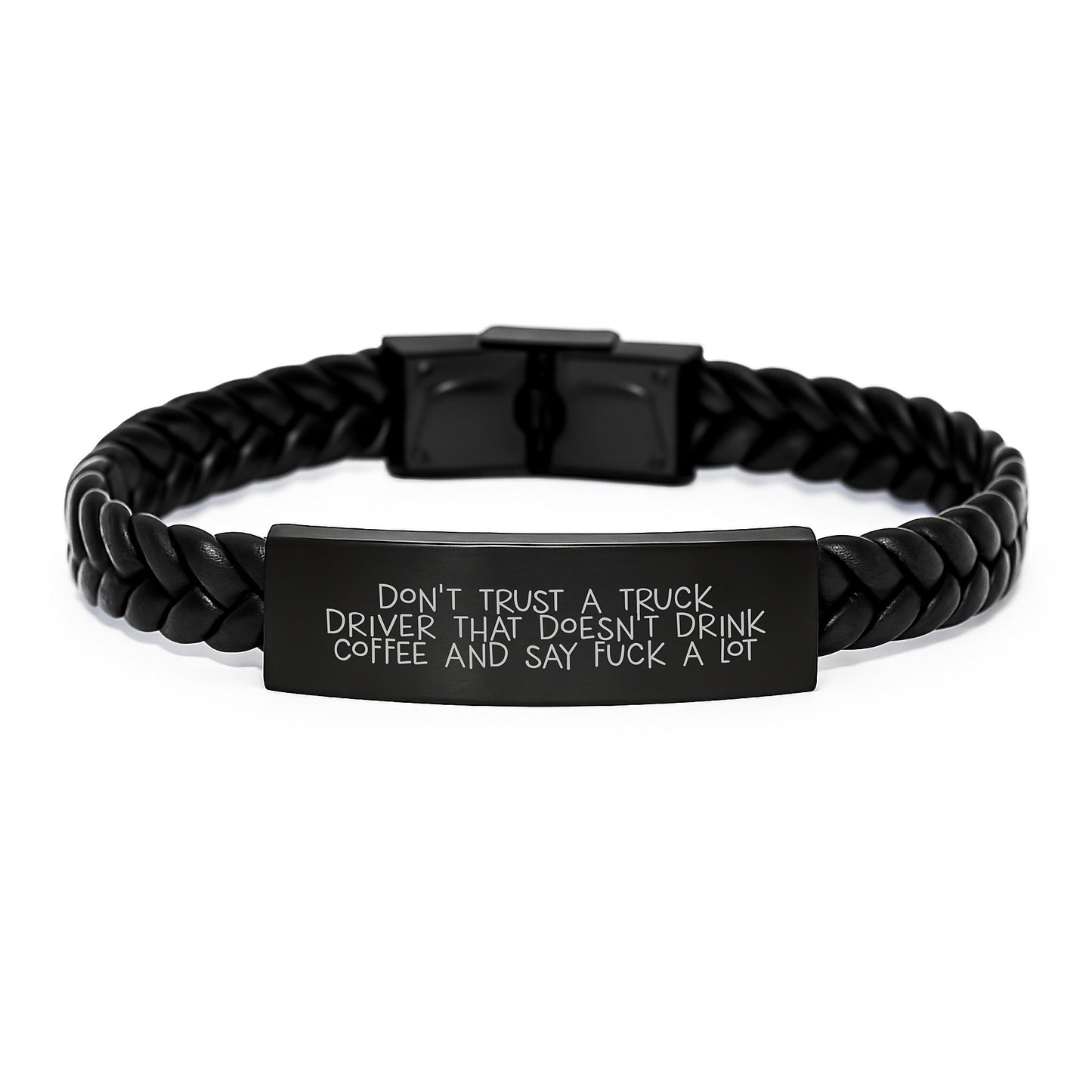 Funny Truck Driver Gifts for Him - 'Don't Trust A Truck Driver That Doesn't Drink Coffee And Say F--k A Lot' Interlaced Leather Bracelet, Birthday Unique Gifts from Friends to Family - Image 1