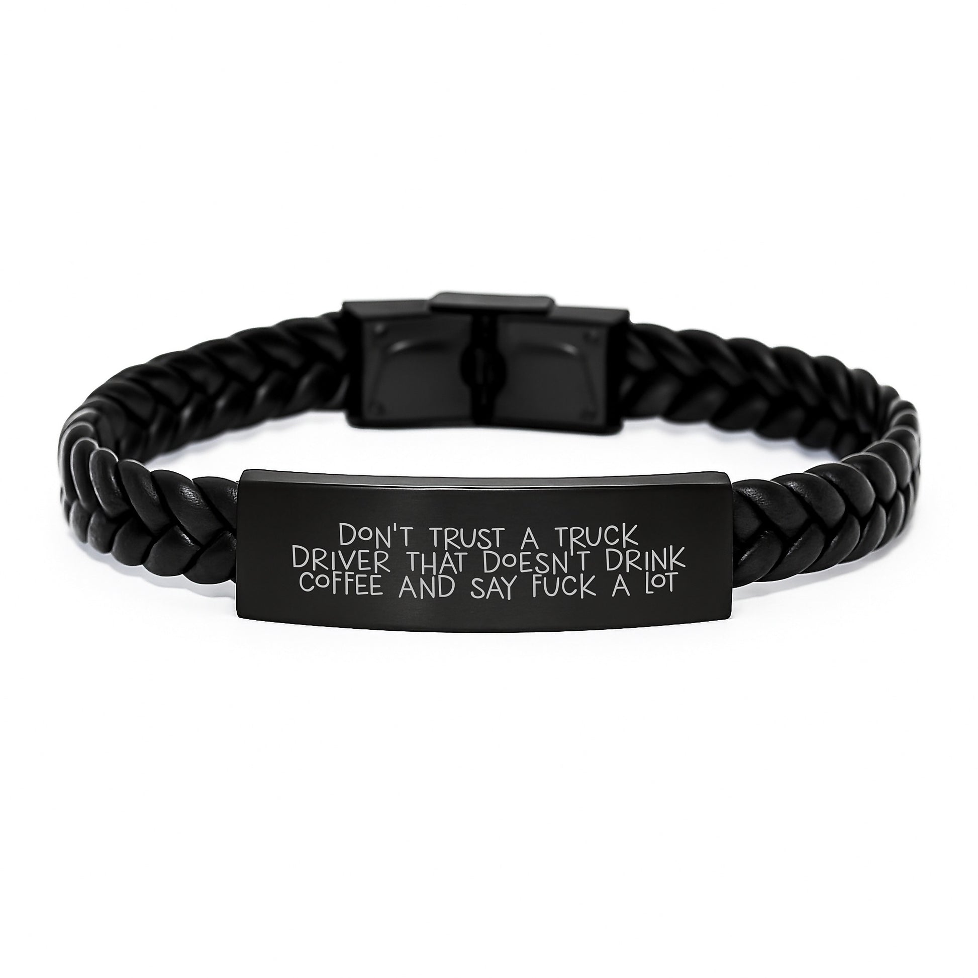Funny Truck Driver Gifts for Him - 'Don't Trust A Truck Driver That Doesn't Drink Coffee And Say F--k A Lot' Interlaced Leather Bracelet, Birthday Unique Gifts from Friends to Family - Image 1