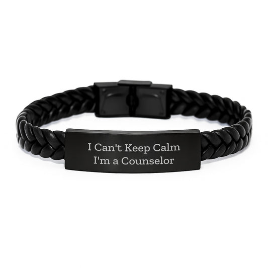 Funny Counselor Gifts from Men, Women, Friends, or Family - 'I Can't Keep Calm I'm A Counselor' Interlaced Leather Bracelet - Image 1