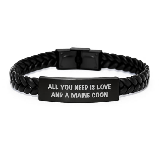 Maine Coon Cat Gifts for Her, Inspirational Interlaced Leather Bracelet, 'All You Need Is Love And A Maine Coon', Graduation Unique Gifts from Friends, Family, Coworkers - Image 1