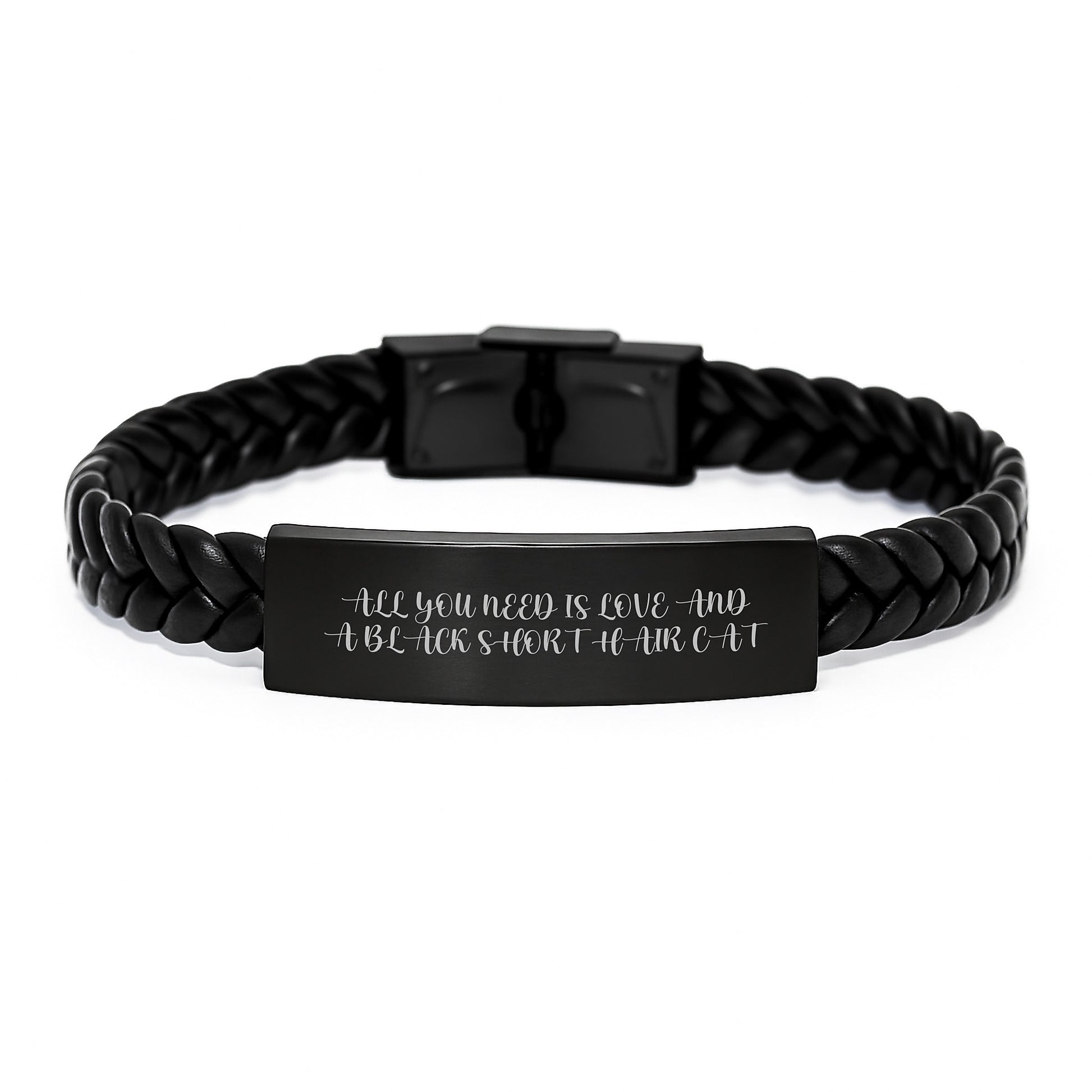 Unique Black Short Hair Cat Interlaced Leather Bracelet Gifts for Friends from Men, Funny Quote 'All You Need Is Love And A Black Short Hair Cat', Christmas Unique Gifts - Image 1