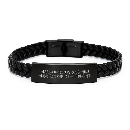 Unique Black Short Hair Cat Interlaced Leather Bracelet Gifts for Friends from Men, Funny Quote 'All You Need Is Love And A Black Short Hair Cat', Christmas Unique Gifts - Image 1