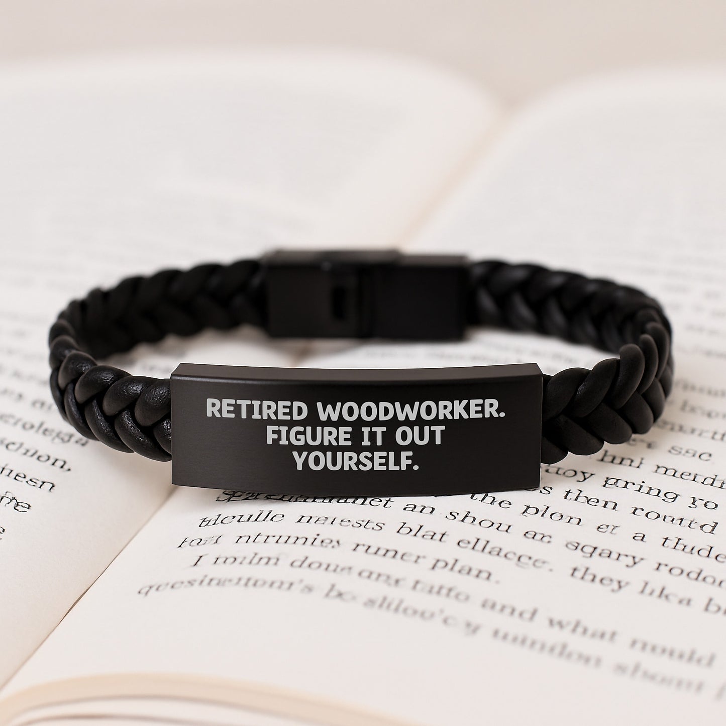 Woodworker Gifts from Friends - Inspirational Interlaced Leather Bracelet with Quote 'Retired Woodworker. Figure It Out Yourself.' for Graduation - Image 3