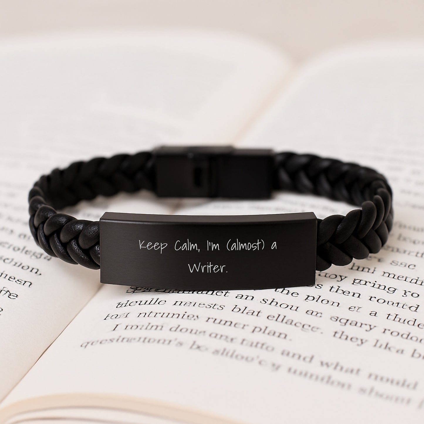Funny Writer Gifts, Interlaced Leather Bracelet, 'Keep Calm, I'm (almost) A Writer.' - Image 3