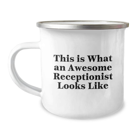 Funny Receptionist Gifts, Birthday Unique Gifts from Friends to Coworkers, 'This Is What An Awesome Receptionist Looks Like' Camping Mug for Receptionist - Image 1