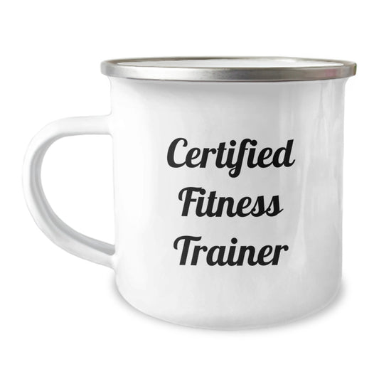 Fitness Trainer's Camping Adventure, Gifts from Friends, Funny Quote, 12 oz Stainless Steel Mug, Graduation Unique Gifts for Him, Her, or Fitness Enthusiast - Image 1