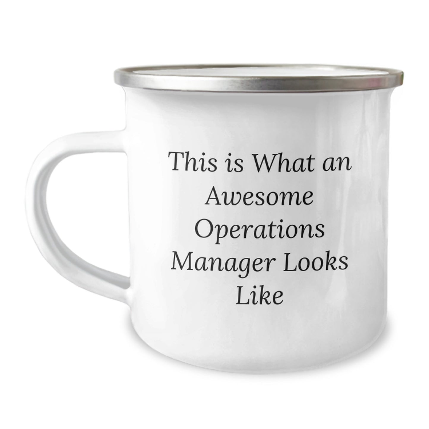 Funny Operations Manager Gifts - 'This Is What An Awesome Operations Manager Looks Like' Birthday Camping Mug from Friends, 12 oz Stainless Steel Enamel Finish - Image 1