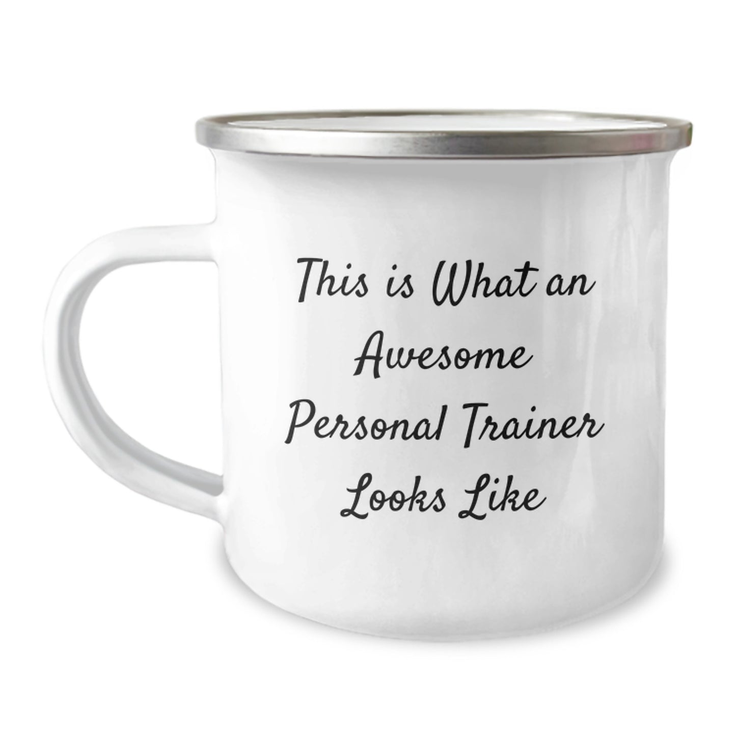 Funny Personal Trainer Gifts for Birthday, Enamel Camping Mug from Friends, 'This Is What An Awesome Personal Trainer Looks Like', 12 oz Capacity, Inspirational Quote - Image 1