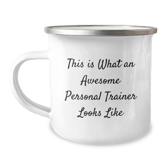Funny Personal Trainer Gifts for Birthday, Enamel Camping Mug from Friends, 'This Is What An Awesome Personal Trainer Looks Like', 12 oz Capacity, Inspirational Quote - Image 1