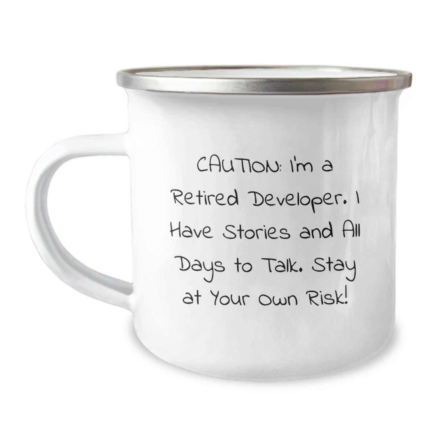 Developer's Unique Gifts: Funny 'Caution' Camping Mug for Graduation from Friends, Family, or Coworkers to Men, Women, and Fellow Developers - Image 1