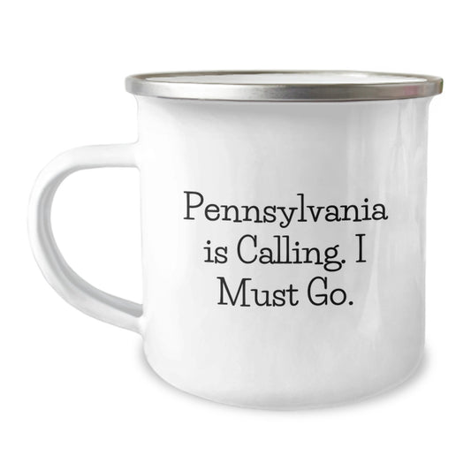 Pennsylvania Love Gifts from Friends for Graduation, 'Pennsylvania Is Calling. I Must Go.' Camping Mug, 12 oz Stainless Steel with Enamel Finish - Image 1