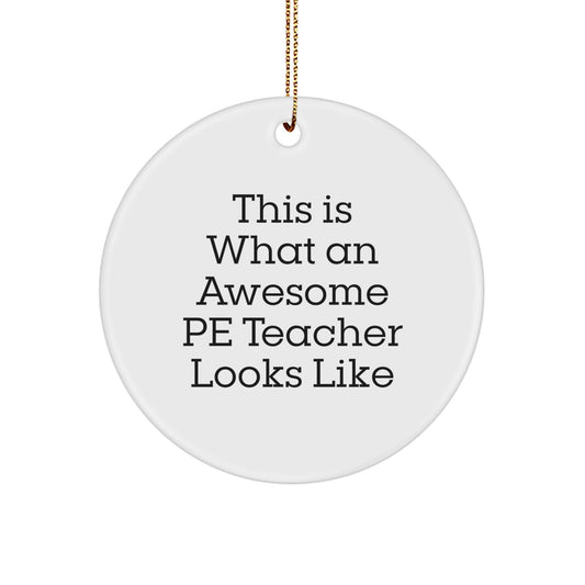 Funny PE Teacher Gifts from Friends, Gifts for PE Teacher - This Is What An Awesome PE Teacher Looks Like Circle Ornament, White, Christmas - Image 1