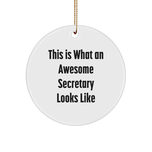 Funny Secretary Gifts, 'This Is What An Awesome Secretary Looks Like' Circle Ornament, White, 2.75" Tall, Ideal Gifts from Men to Women, Coworkers, Family, for Christmas - Image 1
