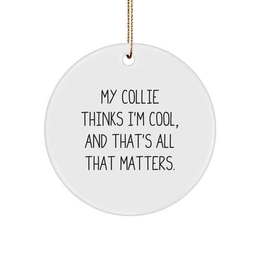 Collie Dog Lover Gifts from Friends, Funny Circle Ornament for Christmas, 'My Collie Thinks I'm Cool, And That's All That Matters.' - Image 1
