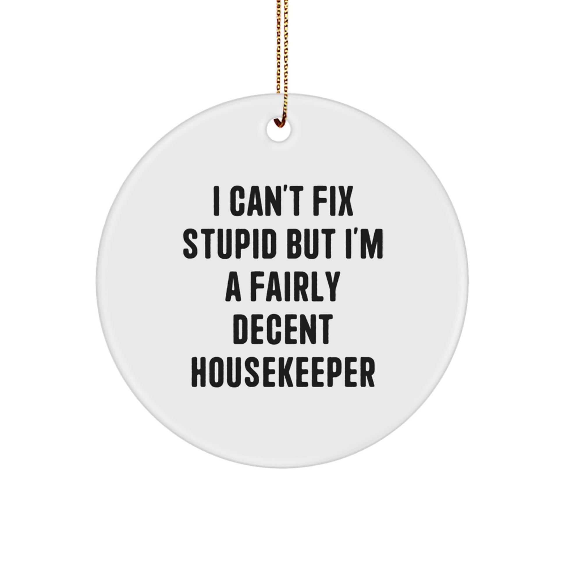 Funny Housekeeper Gifts from Friends for Housekeepers I Can't Fix Stupid But I'm A Fairly Decent Circle Ornament, White, Christmas - Image 1