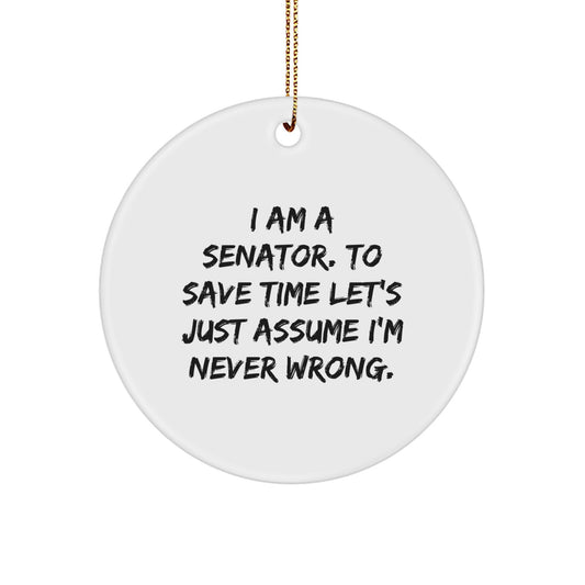 Funny Senator Gifts for Senator, 'I'm Never Wrong' Circle Ornament, White, Christmas Unique - Image 1