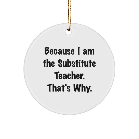 Funny Substitute Teacher Gifts for Classroom, Because I Am The Substitute Teacher. That's Why., Circle Ornament Christmas Unique Gifts from Friends to Family - Image 1