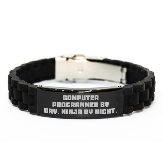 Computer Programmer Gifts, Glide lock Clasp Birthday Present from Friends to Computer Programmer By Day. Ninja By Night. - Adjustable Black Stainless Steel Silicone Men's Gift - Image 1