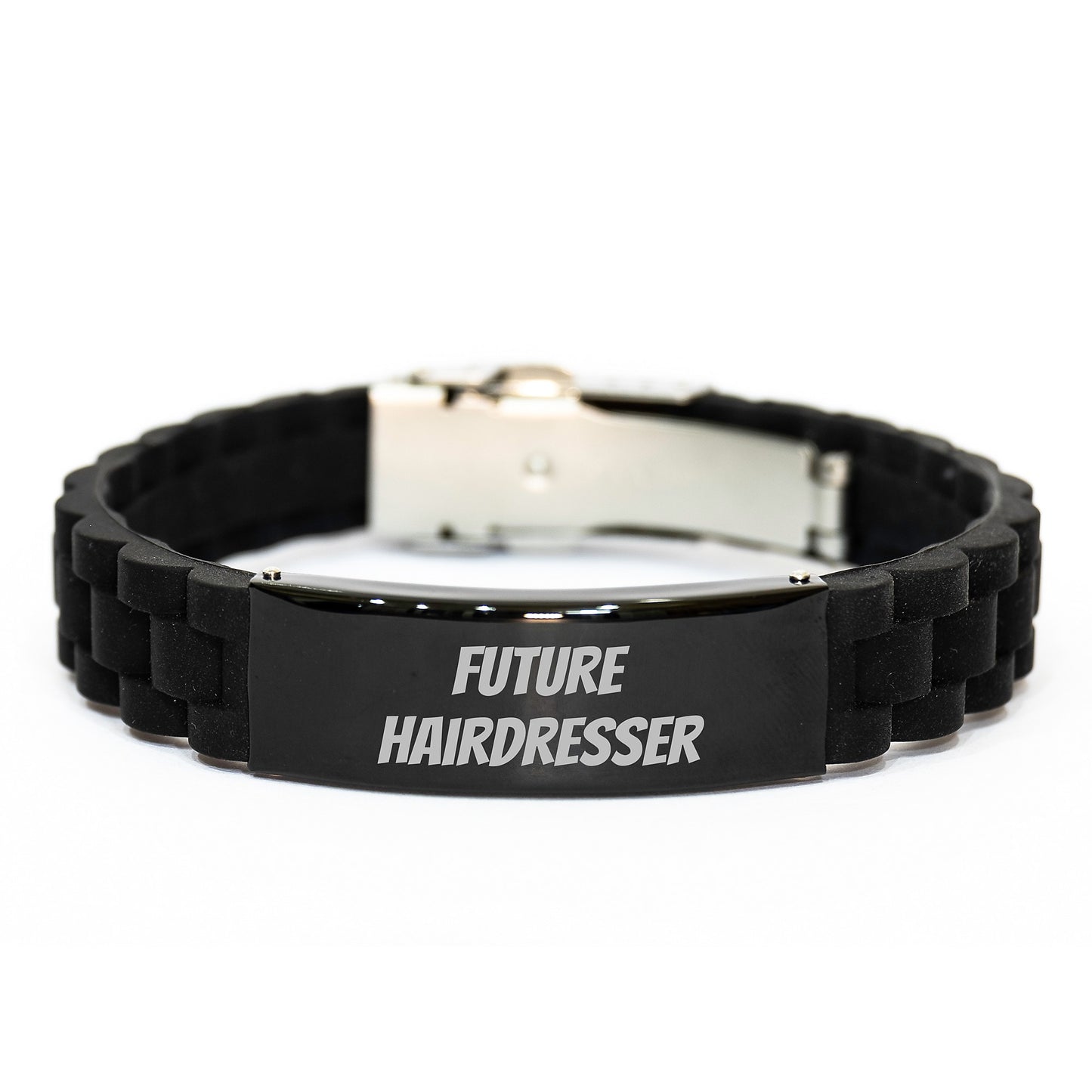 Future Hairdresser Inspirational Graduation Hairdresser Gifts from Family to Hairdresser - Glide lock Clasp Adjustable Black Stainless Steel Silicone Jewelry - Image 1