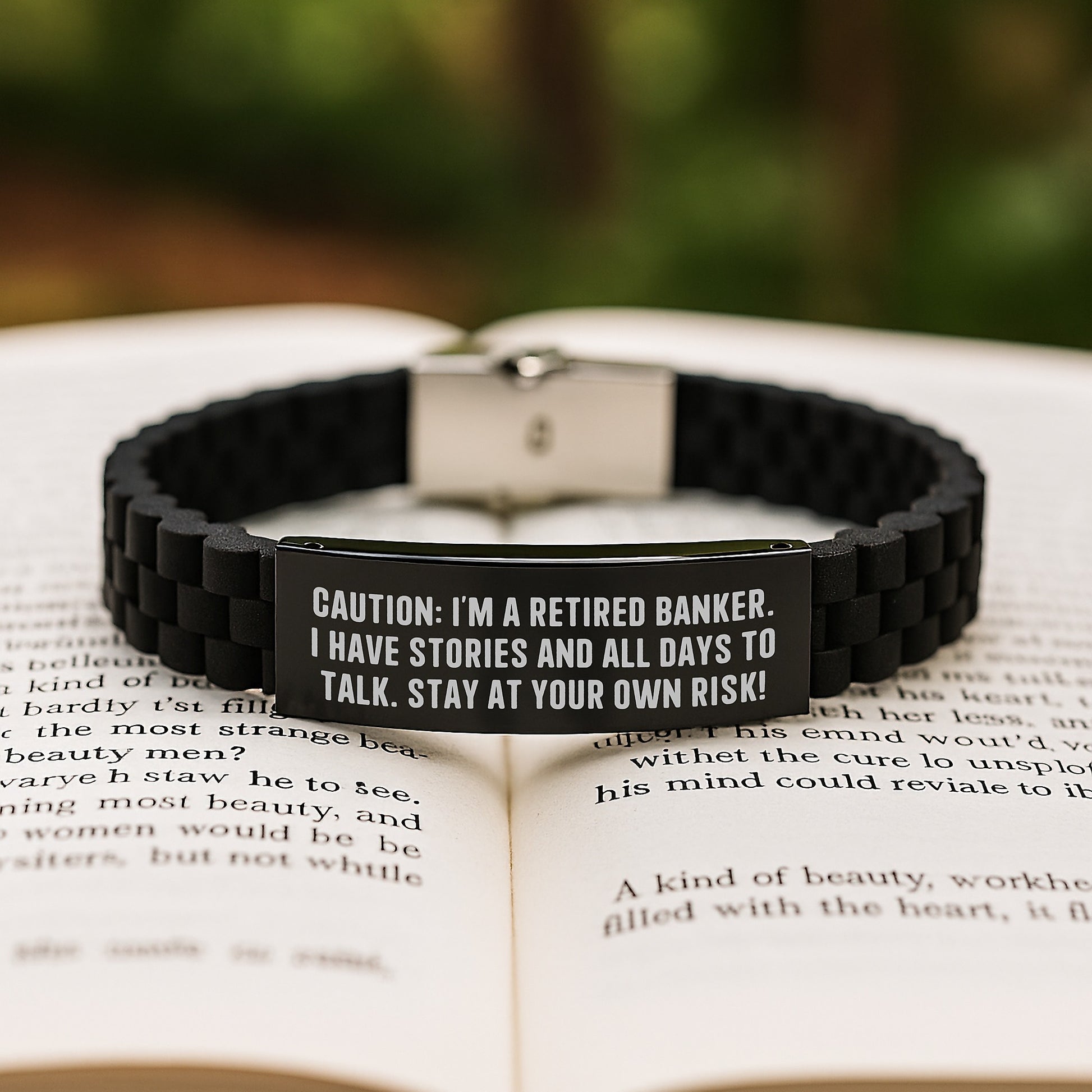 Funny Banker Gifts for Men from Coworkers - Glide lock Clasp Bracelet with Silver, Black Stainless Steel, and Silicone - Stay At Your Own Risk! - Image 2
