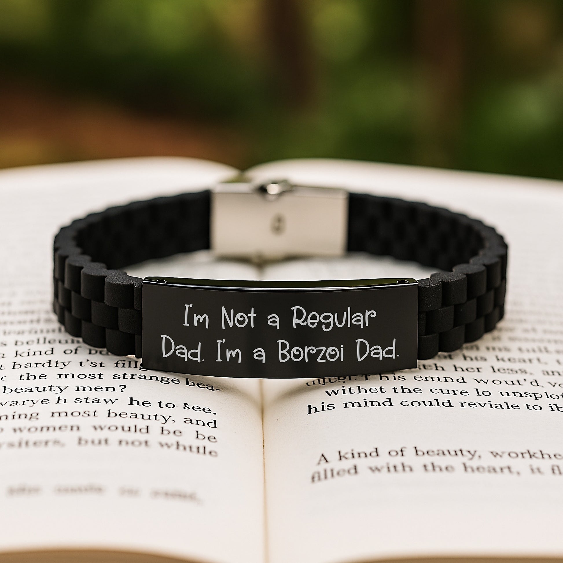 Funny Borzoi Dog Dad Gifts for Men from Friends - Adjustable Glide lock Clasp Black Stainless Steel Silicone Bracelet for Graduation - Image 2