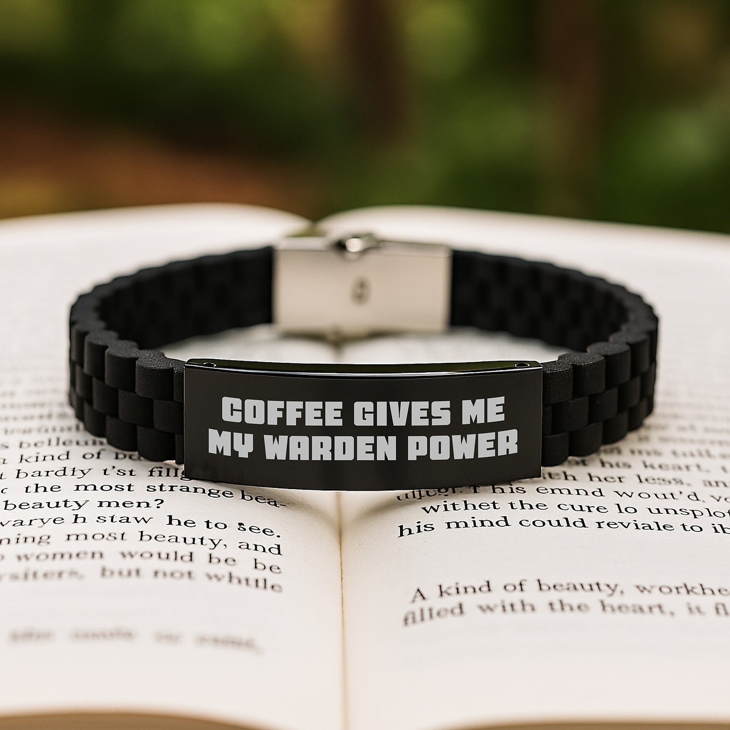 Warden Enthusiast Funny Coffee Quote Glide lock Clasp Adjustable Black Stainless Steel Silicone Gift for Men or Women from Family or Friends - Image 2