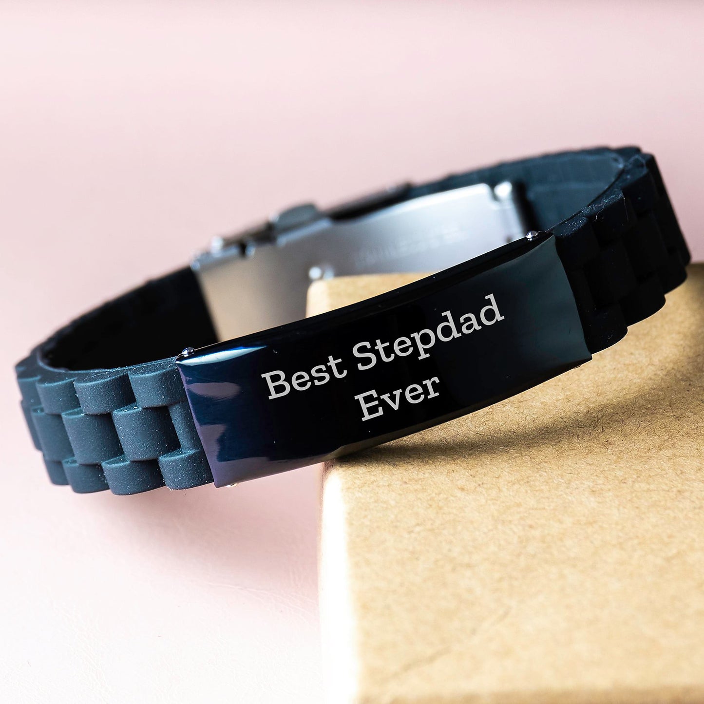 Stepdad Gifts from Men - Funny 'Best Stepdad Ever' Glide lock Clasp Bracelet, Black Stainless Steel with Silicone, Adjustable, Christmas Unique Gifts for Men - Image 3