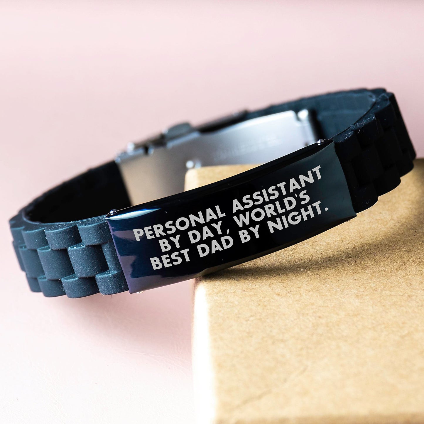 Personal Assistant By Day, World's Best Dad By Night - Glide lock Clasp Gift for Men, Adjustable Silicone Black Stainless Steel Silver 9.05-inch Graduation Unique Gifts from Dad to Son - Image 3
