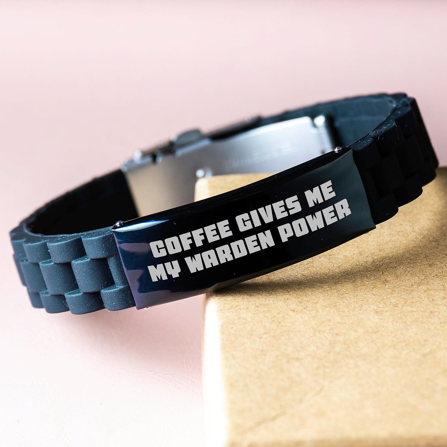 Warden Enthusiast Funny Coffee Quote Glide lock Clasp Adjustable Black Stainless Steel Silicone Gift for Men or Women from Family or Friends - Image 3