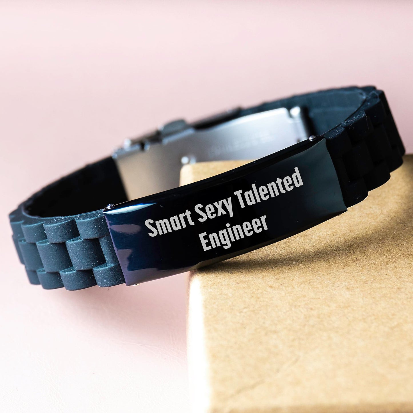 Smart Sexy Talented Engineer Gifts, 'You're a genius!' Glide lock Clasp Birthday Present for Men or Women, Adjustable Silicone, Silver, and Black Stainless Steel - Image 3
