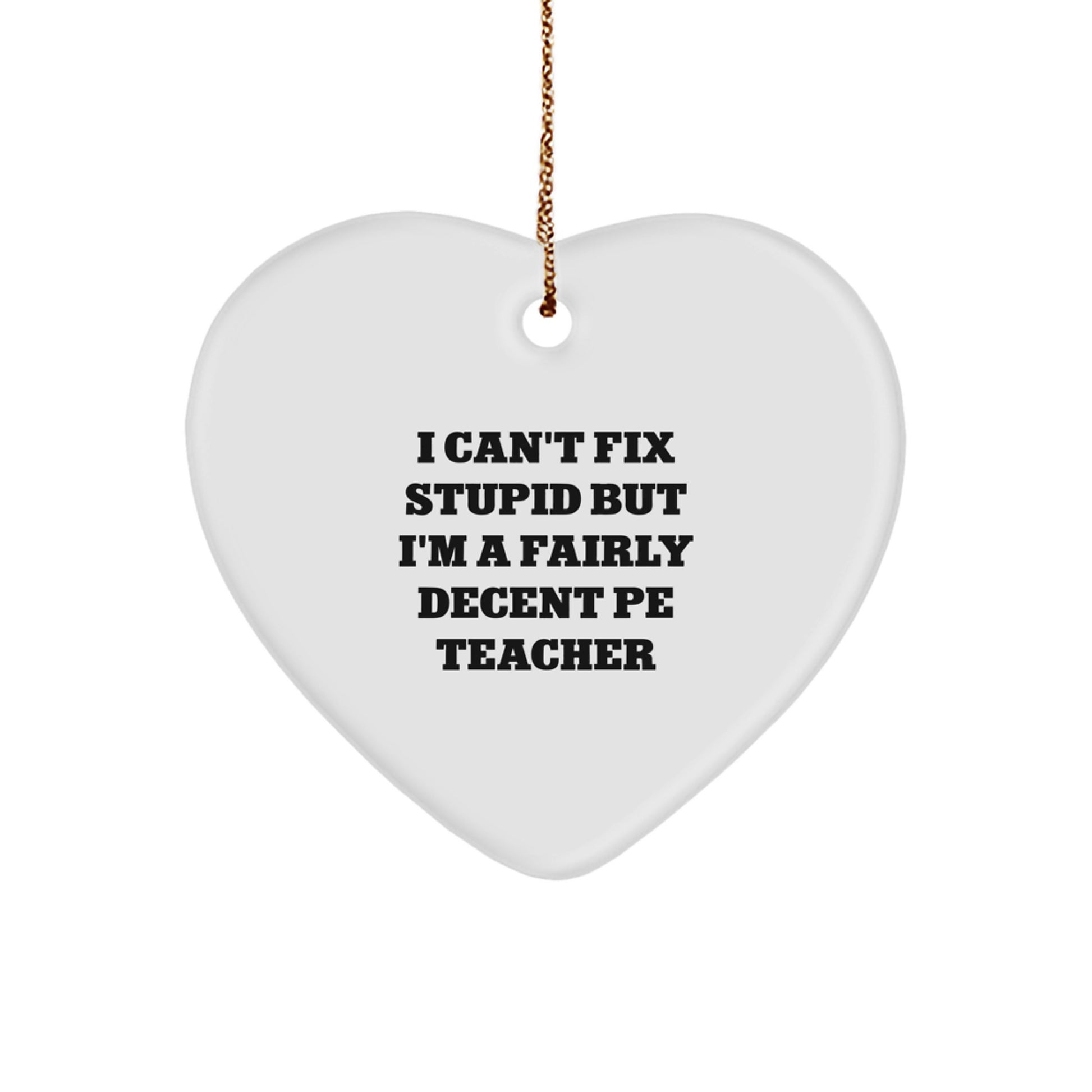 Funny PE Teacher Gifts from Friends - 'I Can't Fix Stupid But I'm A Fairly Decent PE Teacher' Heart Ornament for Christmas, Gifts for PE Teachers, Men, Women, Friends, Coworkers, Family - Image 1