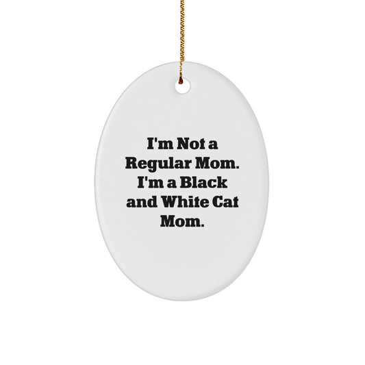 Black and White Cat Mom Oval Ornament, Funny Gift from Family to Friends, Unique Christmas Decor - Image 1