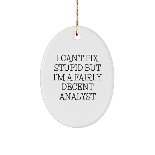 Funny Analyst Gifts for Christmas - Oval Ornament - 'I Can't Fix Stupid But I'm A Fairly Decent Analyst' - Gifts from Friends to Family - Image 1