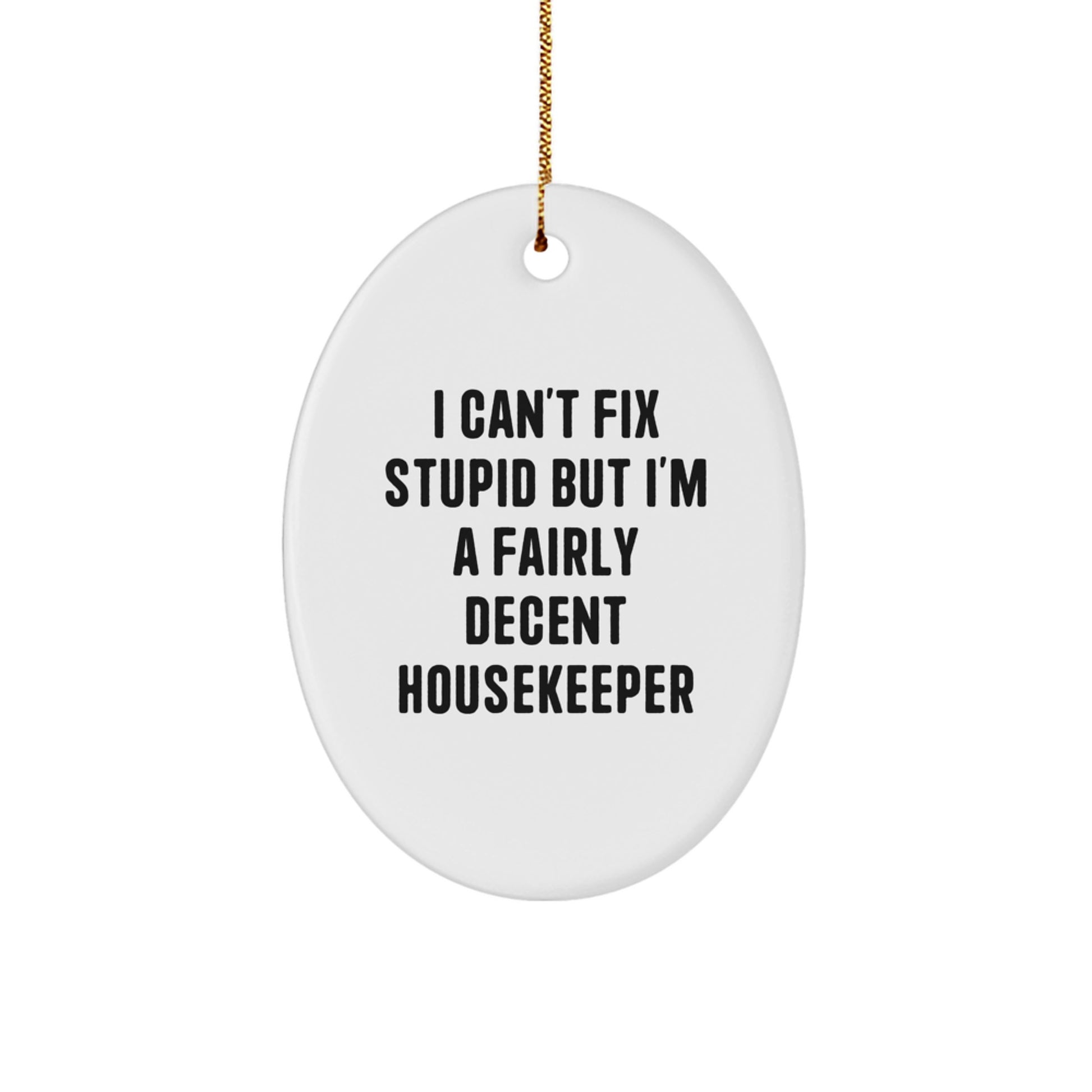 Funny Housekeeper Gifts from Friends for Christmas - Oval Ornament with 'I Can't Fix Stupid But I'm A Fairly Decent Housekeeper' Quote - Image 1