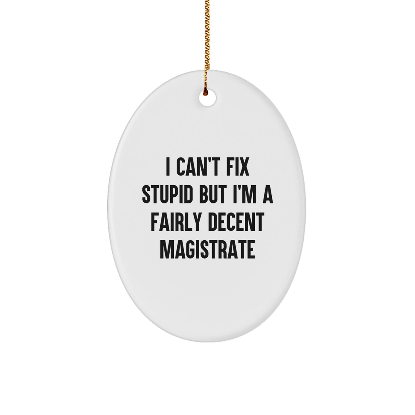 Fairly Decent Magistrate Oval Ornament Gifts from Friends to Magistrates, 'I Can't Fix Stupid' Humor, White, 3.25" Tall, Christmas Unique Gifts - Image 1