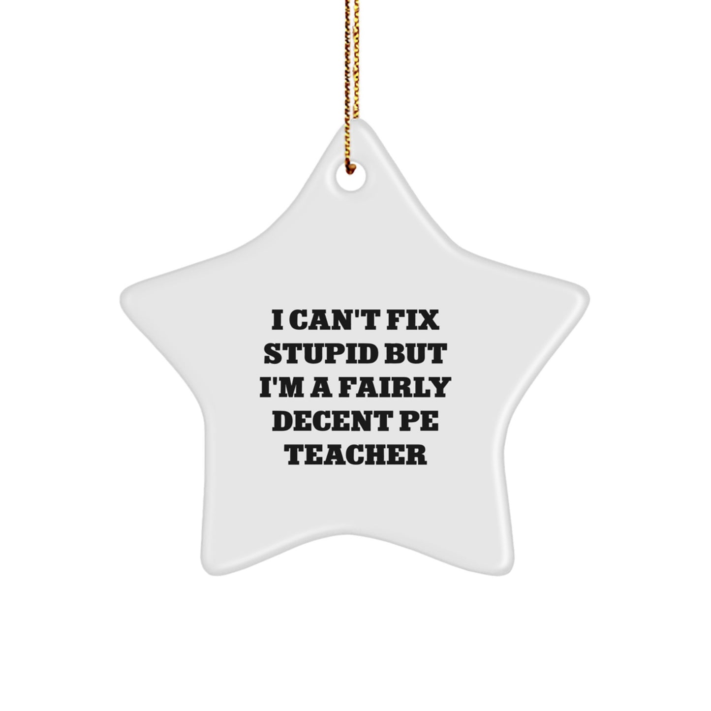 Funny PE Teacher Gift for Christmas, 'I Can't Fix Stupid But I'm A Fairly Decent PE Teacher' Star Ornament from Friends, Perfect for Family and Coworkers - Image 1