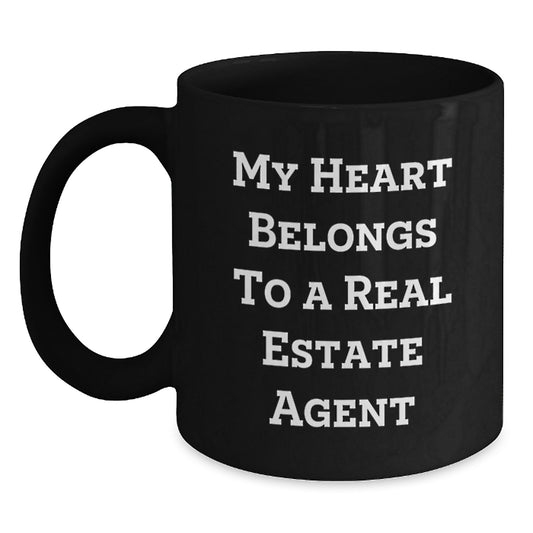 Gifts for Real Estate Agents, Funny Christmas Mugs, My Heart Belongs To A Real Estate Agent, Unique Black Coffee Mugs from Family - Main