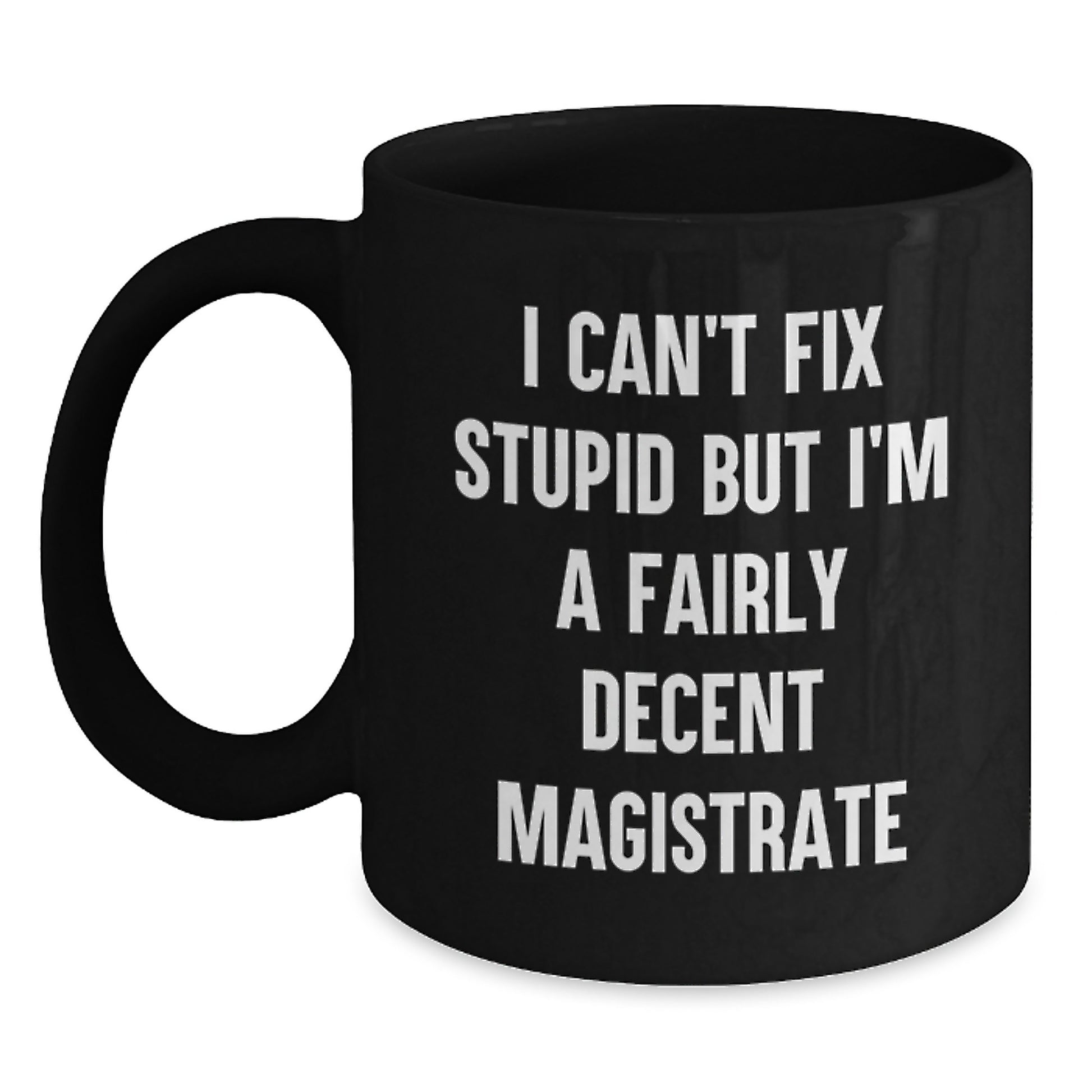 Magistrate Funny Gifts from Friends for Birthday, Black Coffee Mug, 'I Can't Fix Stupid But I'm A Fairly Decent Magistrate' - Main